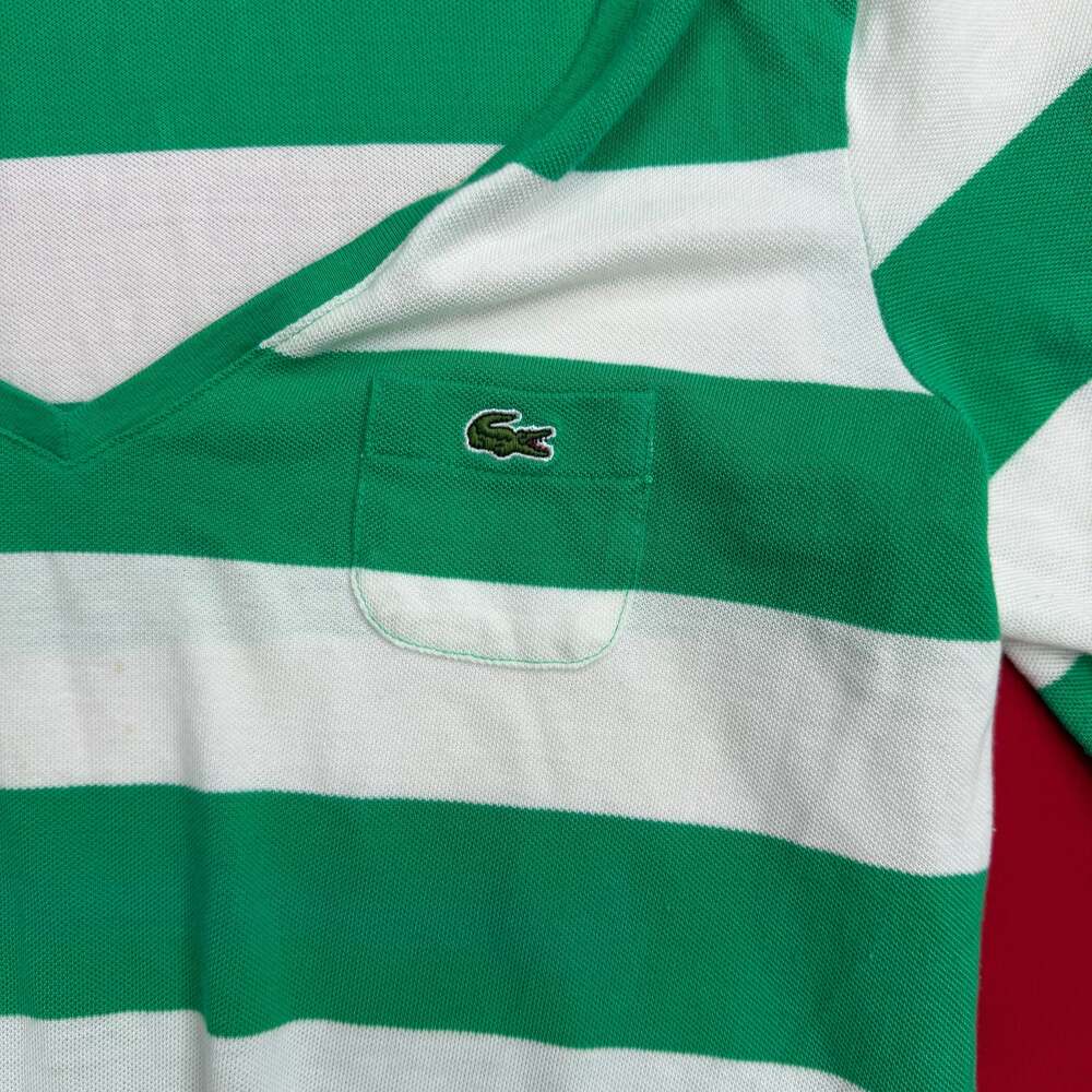 Vintage Lacoste Women's‎ Green and White Striped V-Neck T-Shirt - Picture 4 of 7
